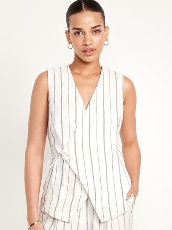 Old Navy Tops - Linen Striped Sleeveless Wrap Top - Off-White with Black Stripes